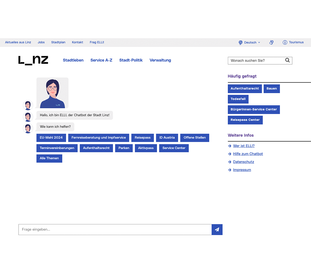 User-Interface eines KI-Chatbots der Stadt Linz