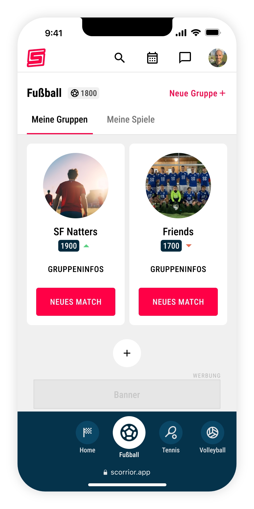 Die Fußballgruppen-Ansicht in der Scorrior App