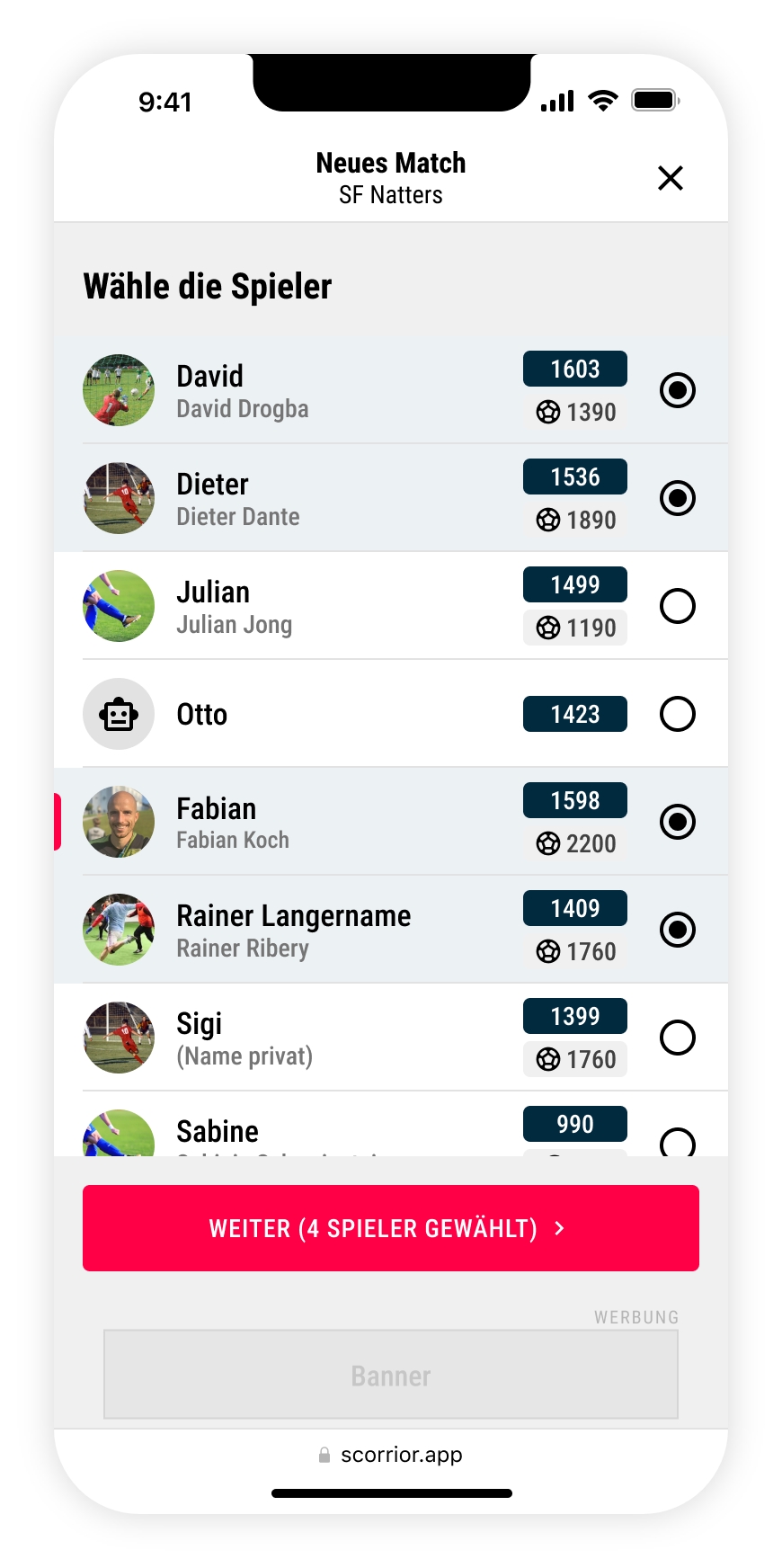 Spielerwahl-Ansicht in der Scorrior App